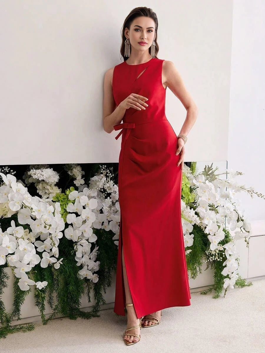 PREMIUM BOW DECOR THIGH SLIT DRESS