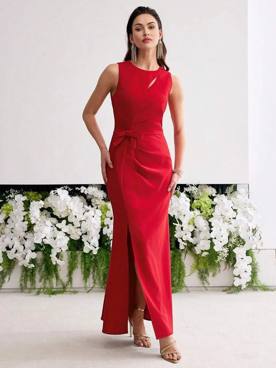 PREMIUM BOW DECOR THIGH SLIT DRESS