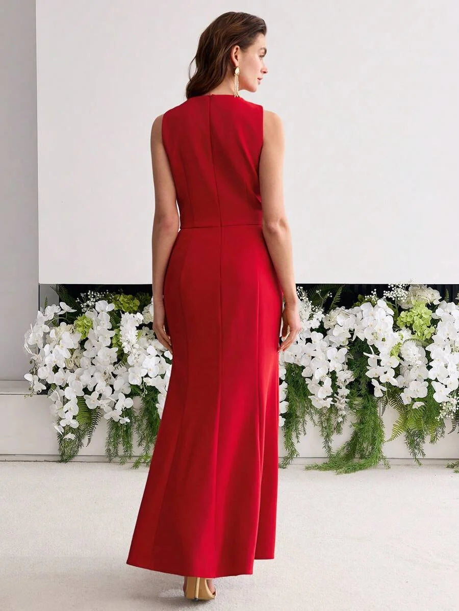 PREMIUM BOW DECOR THIGH SLIT DRESS