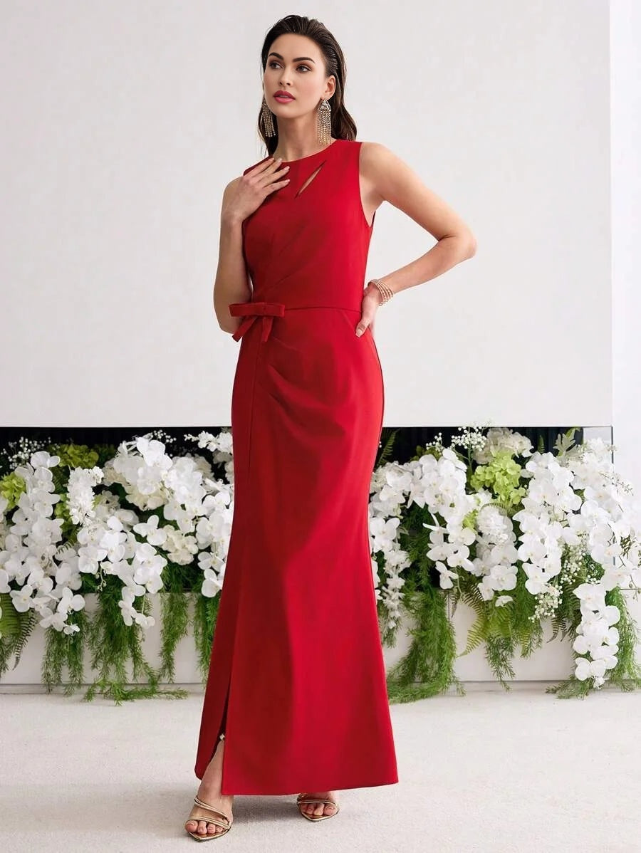 PREMIUM BOW DECOR THIGH SLIT DRESS