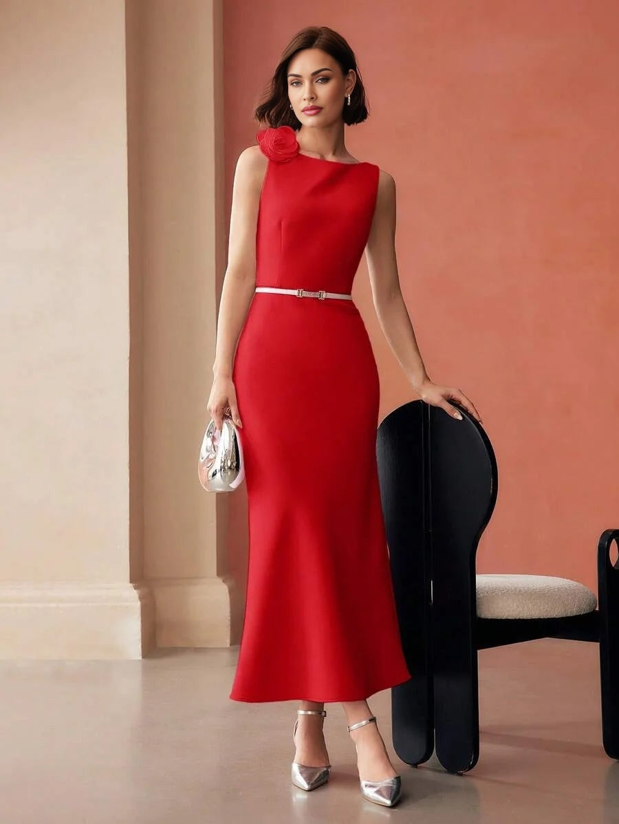 PREMIUM BOW DECOR THIGH SLIT DRESS