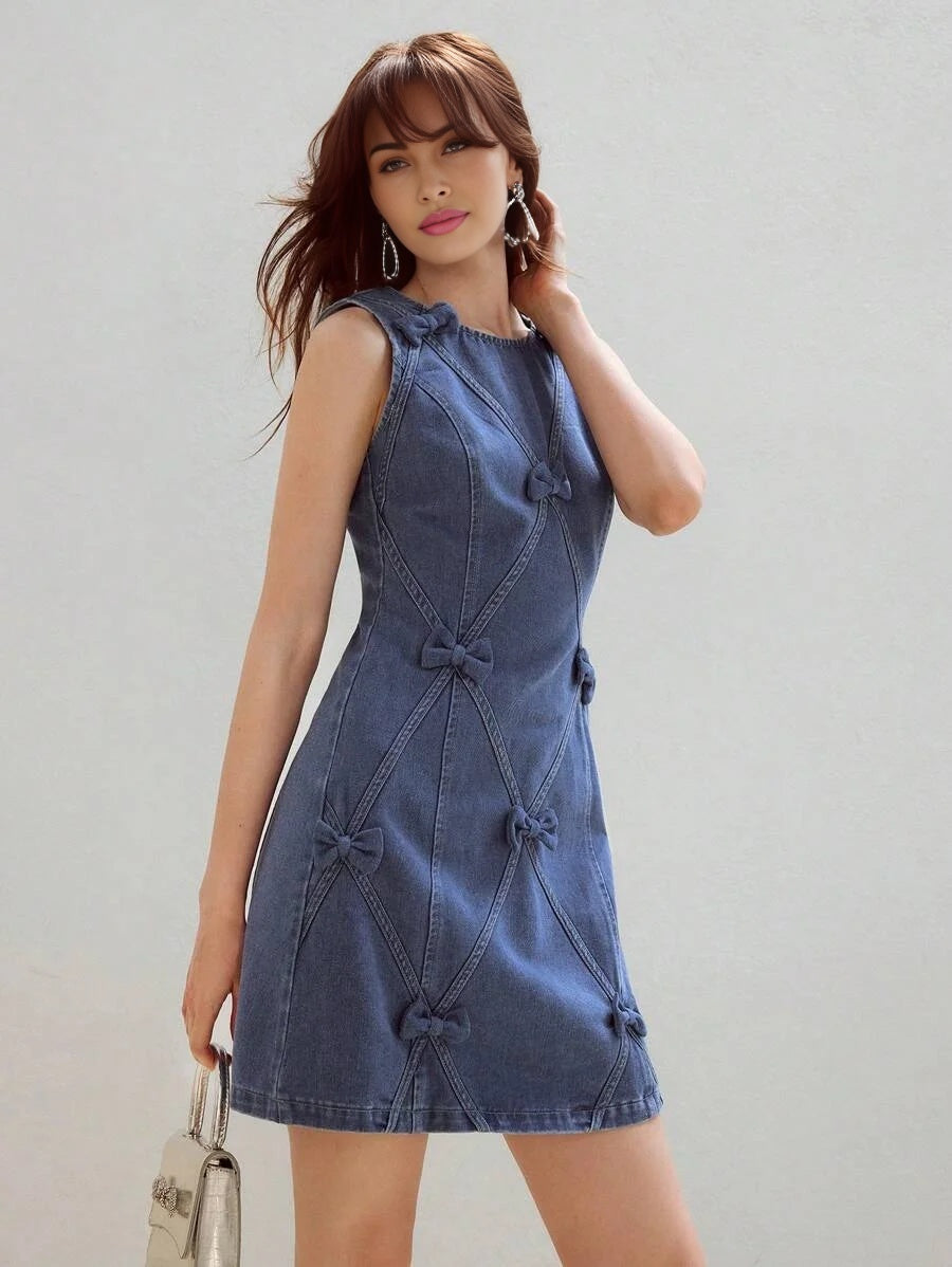 PREMIUM BOW DECOR ZIPPER BACK TANK DENIM DRESS