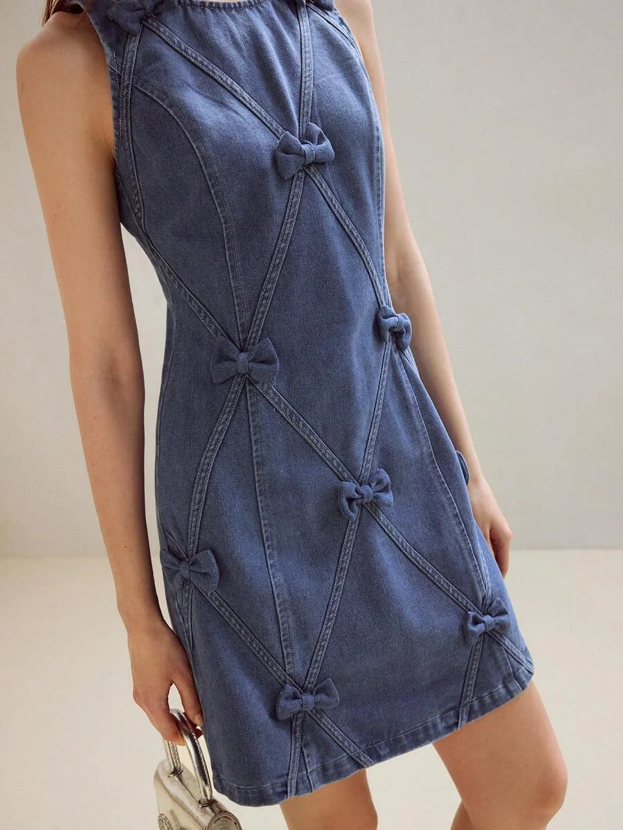 PREMIUM BOW DECOR ZIPPER BACK TANK DENIM DRESS