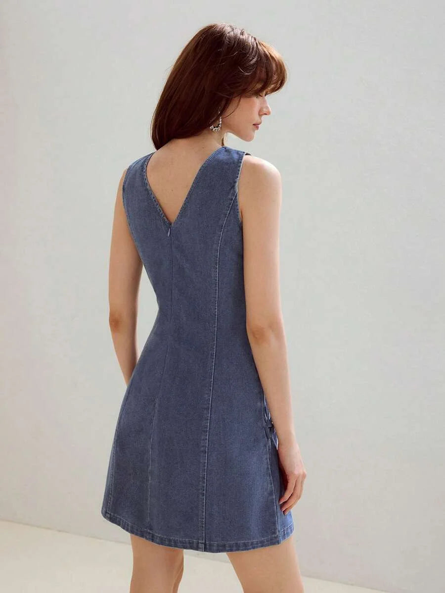 PREMIUM BOW DECOR ZIPPER BACK TANK DENIM DRESS