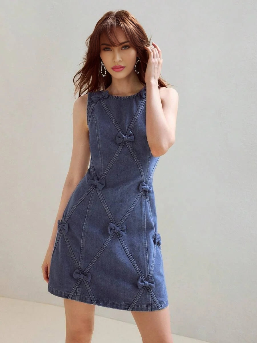 PREMIUM BOW DECOR ZIPPER BACK TANK DENIM DRESS