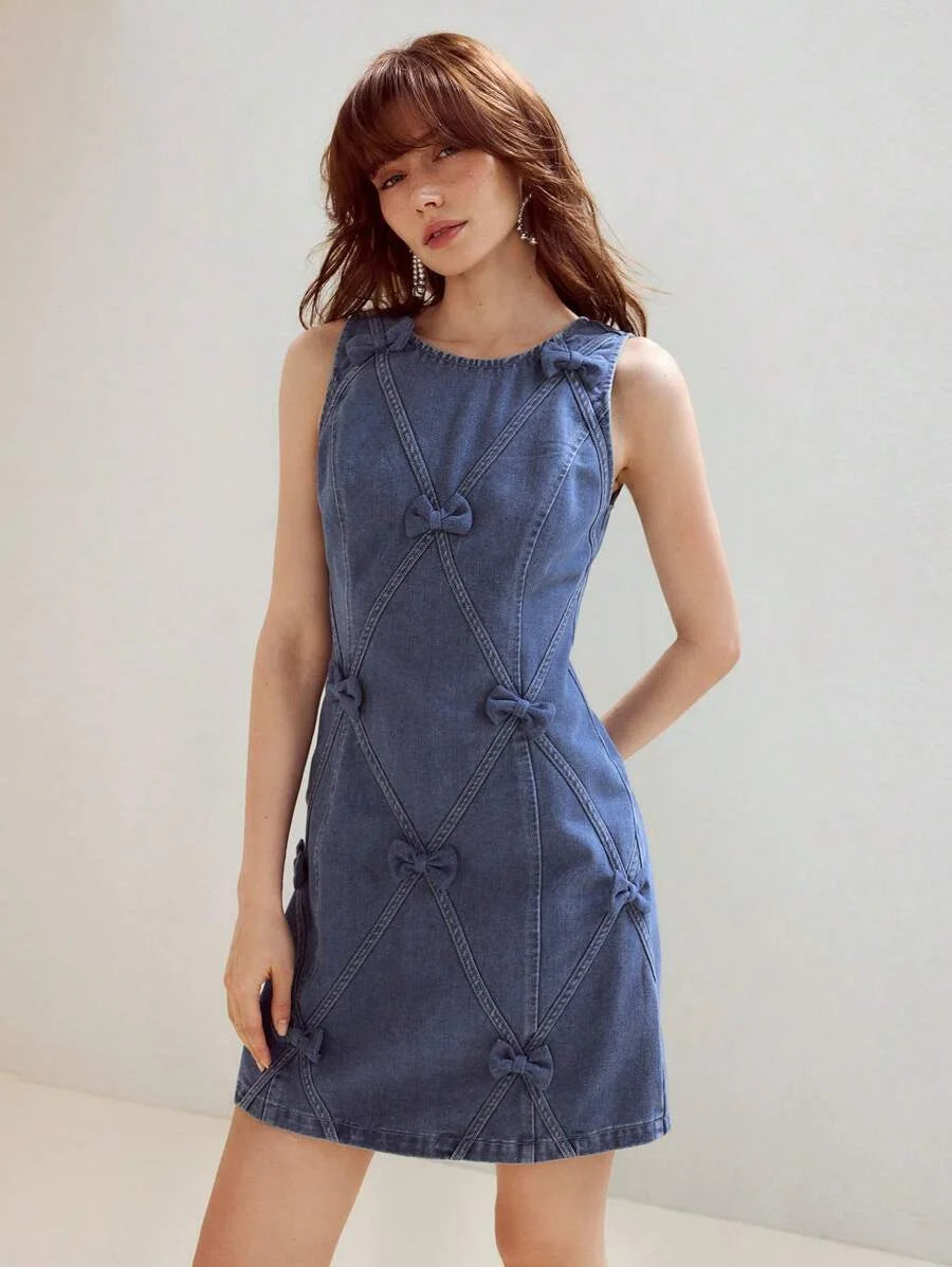 PREMIUM BOW DECOR ZIPPER BACK TANK DENIM DRESS