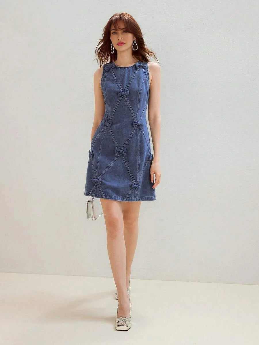 PREMIUM BOW DECOR ZIPPER BACK TANK DENIM DRESS