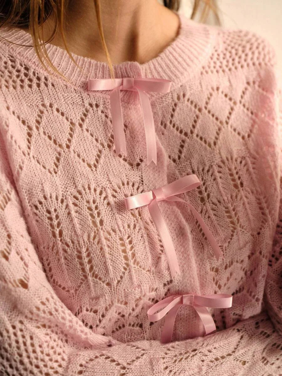 PREMIUM BOW DETAIL HOLLOW OUT CARDIGAN