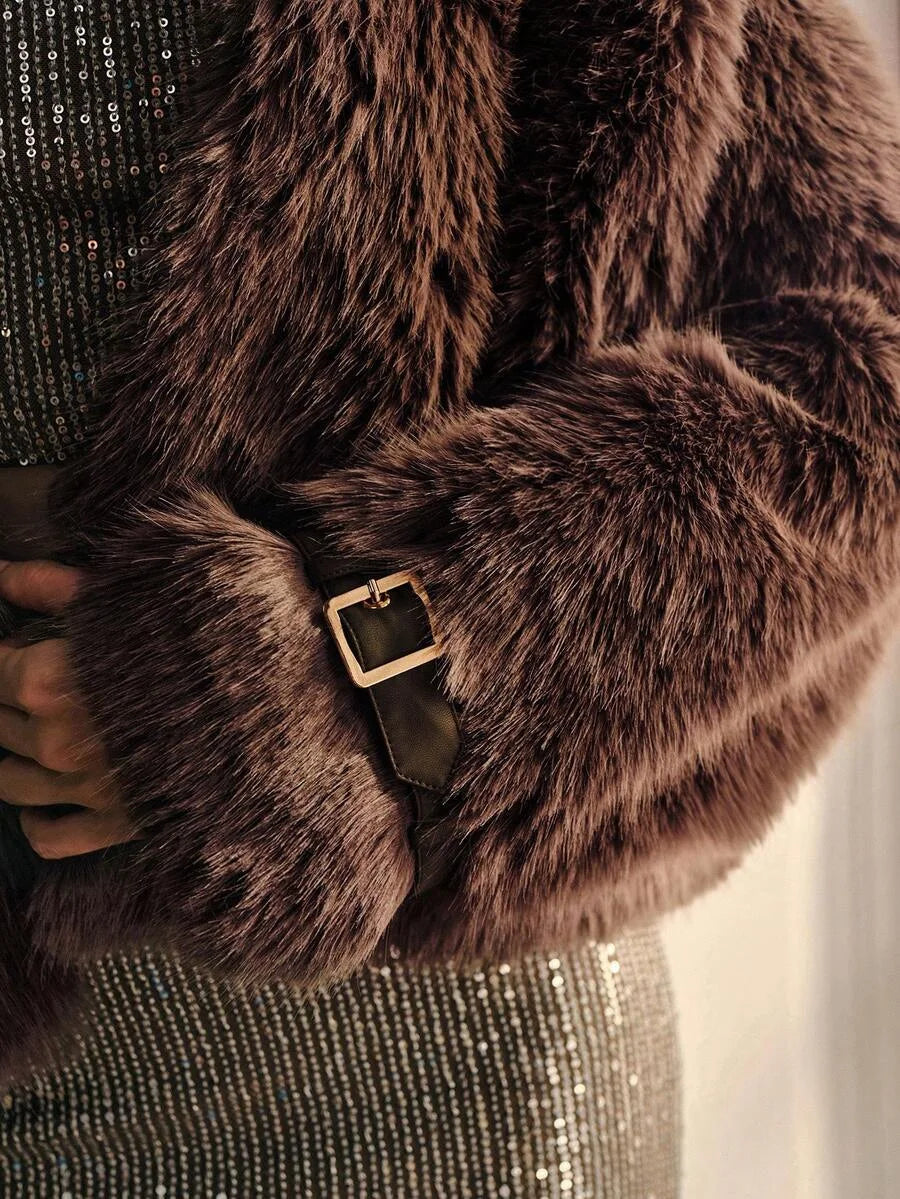 PREMIUM BUCKLE DECOR FAUX FUR COAT