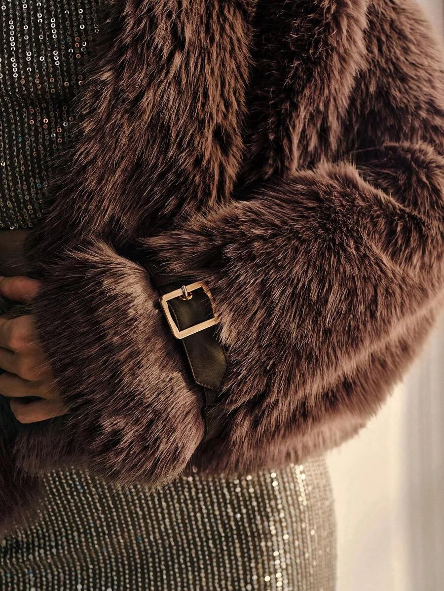 PREMIUM BUCKLE DECOR FAUX FUR COAT