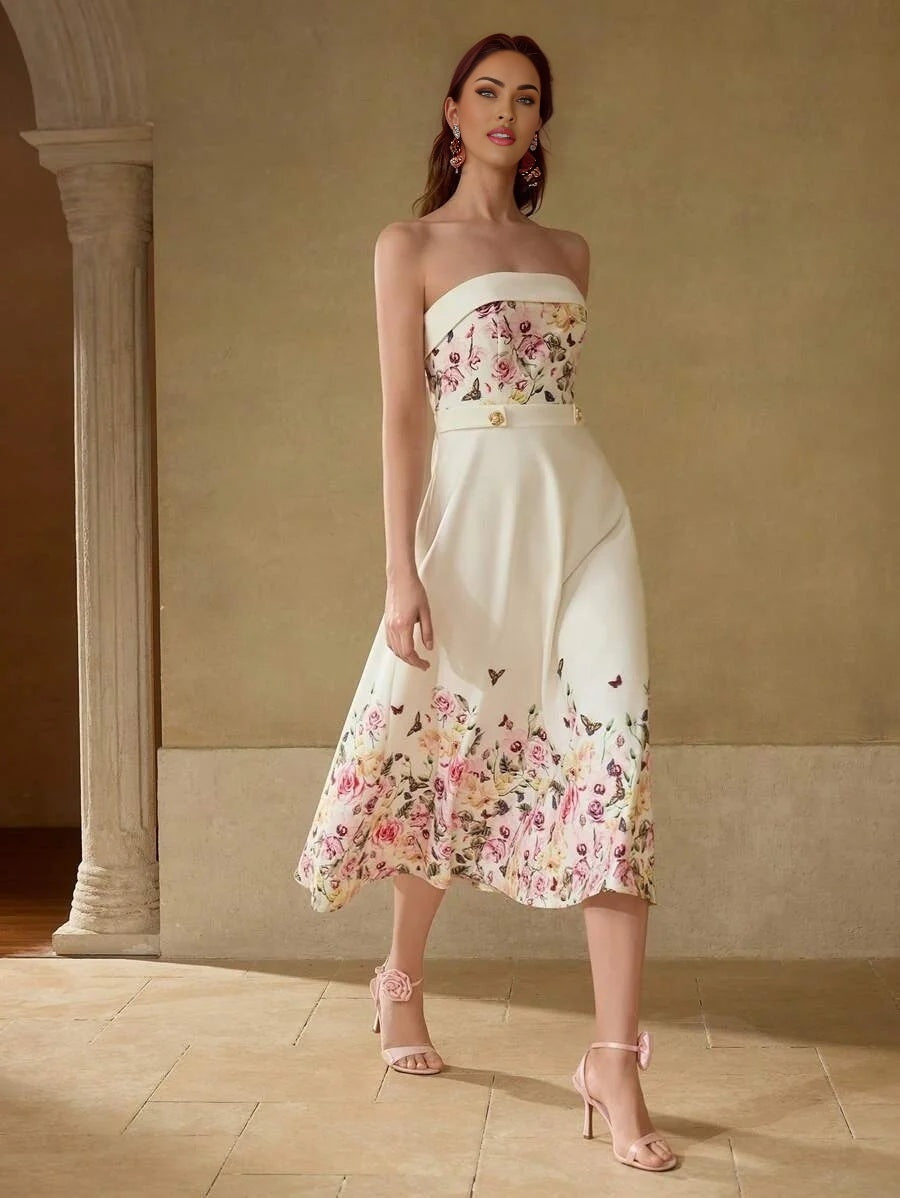 PREMIUM BUTTERFLY AND FLORAL PRINT FOLDOVER TUBE COCKTAIL DRESS