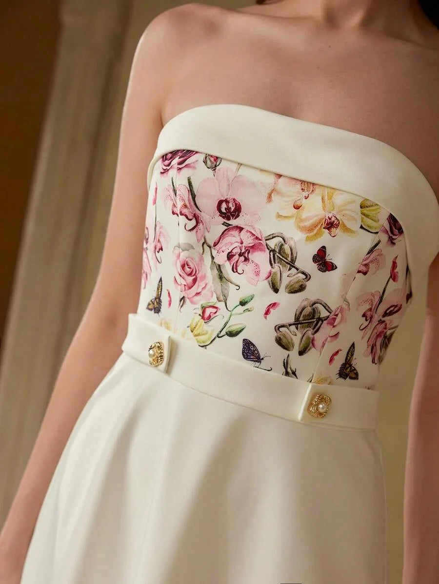 PREMIUM BUTTERFLY AND FLORAL PRINT FOLDOVER TUBE COCKTAIL DRESS