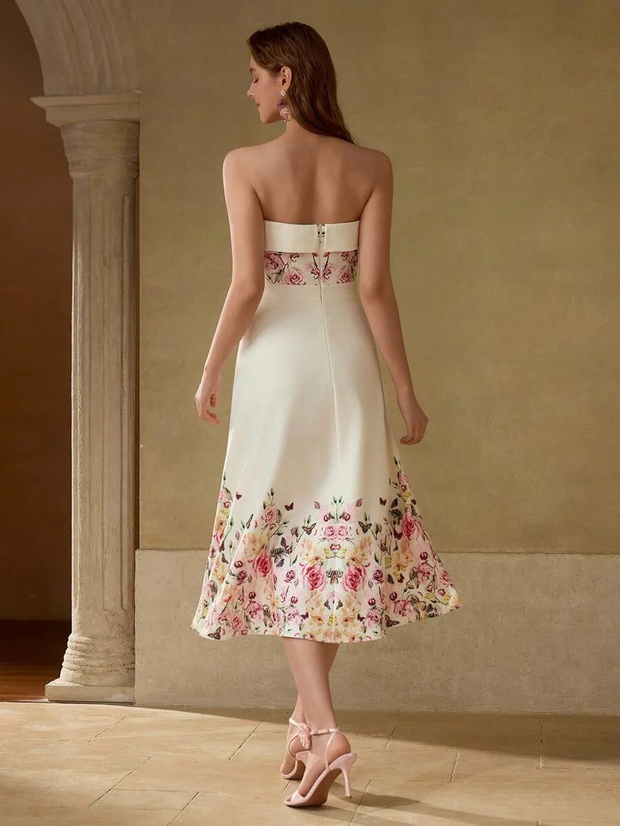 PREMIUM BUTTERFLY AND FLORAL PRINT FOLDOVER TUBE COCKTAIL DRESS