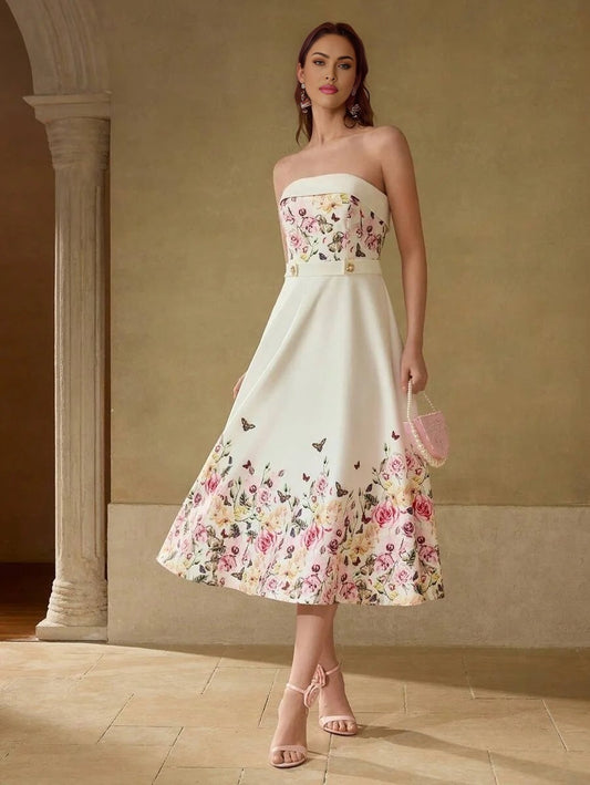 PREMIUM BUTTERFLY AND FLORAL PRINT FOLDOVER TUBE COCKTAIL DRESS