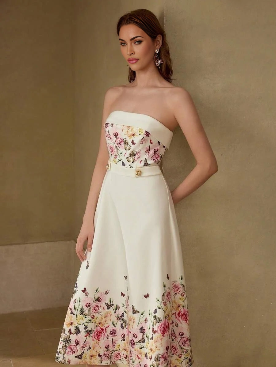 PREMIUM BUTTERFLY AND FLORAL PRINT FOLDOVER TUBE COCKTAIL DRESS