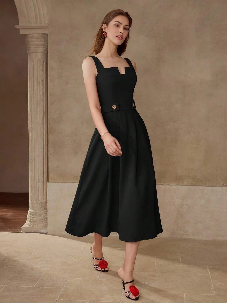 PREMIUM BUTTON DECOR FOLD PLEATED A LINE DRESS