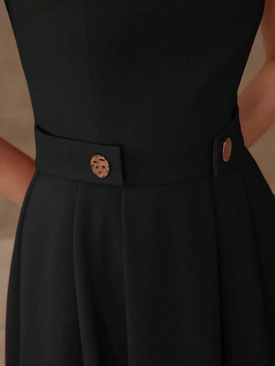 PREMIUM BUTTON DECOR FOLD PLEATED A LINE DRESS