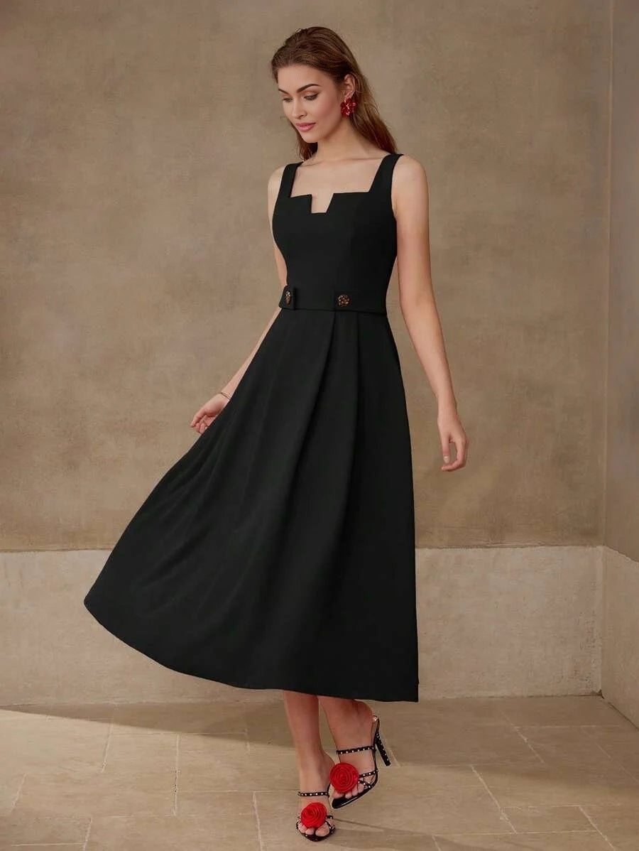 PREMIUM BUTTON DECOR FOLD PLEATED A LINE DRESS