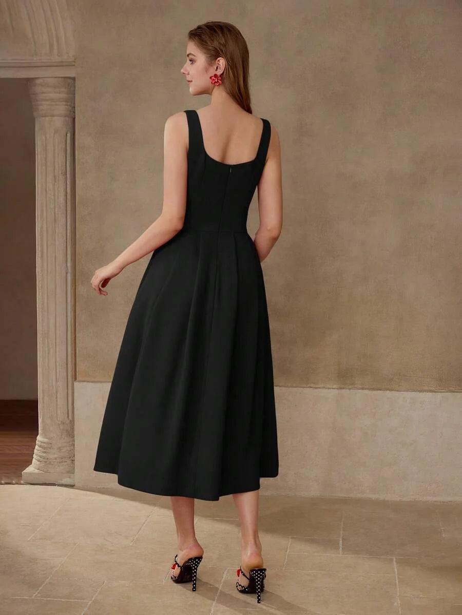 PREMIUM BUTTON DECOR FOLD PLEATED A LINE DRESS