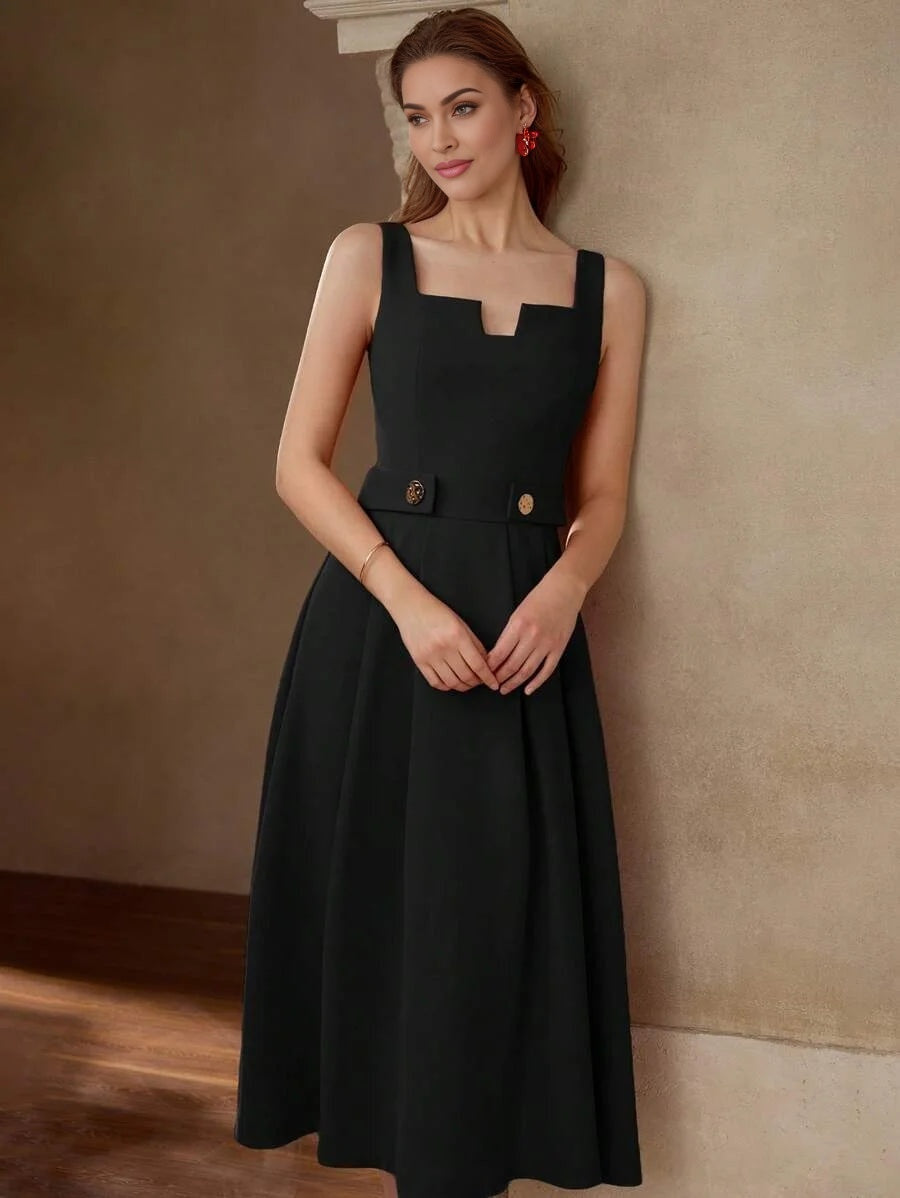 PREMIUM BUTTON DECOR FOLD PLEATED A LINE DRESS