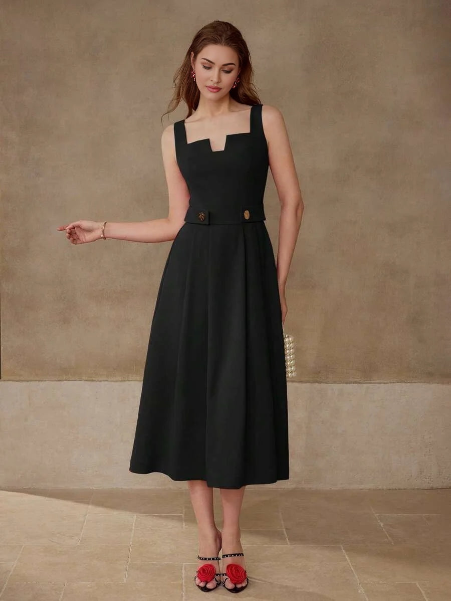 PREMIUM BUTTON DECOR FOLD PLEATED A LINE DRESS