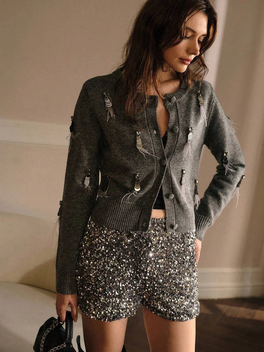 PREMIUM BUTTON FRONT SEQUIN DETAIL CARDIGAN