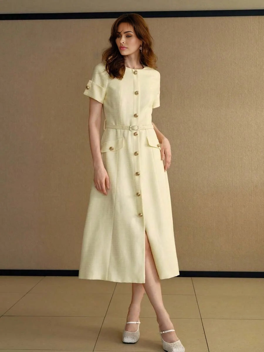 PREMIUM BUTTON UP BELTED DRESS