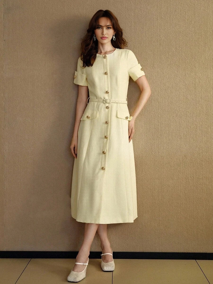 PREMIUM BUTTON UP BELTED DRESS