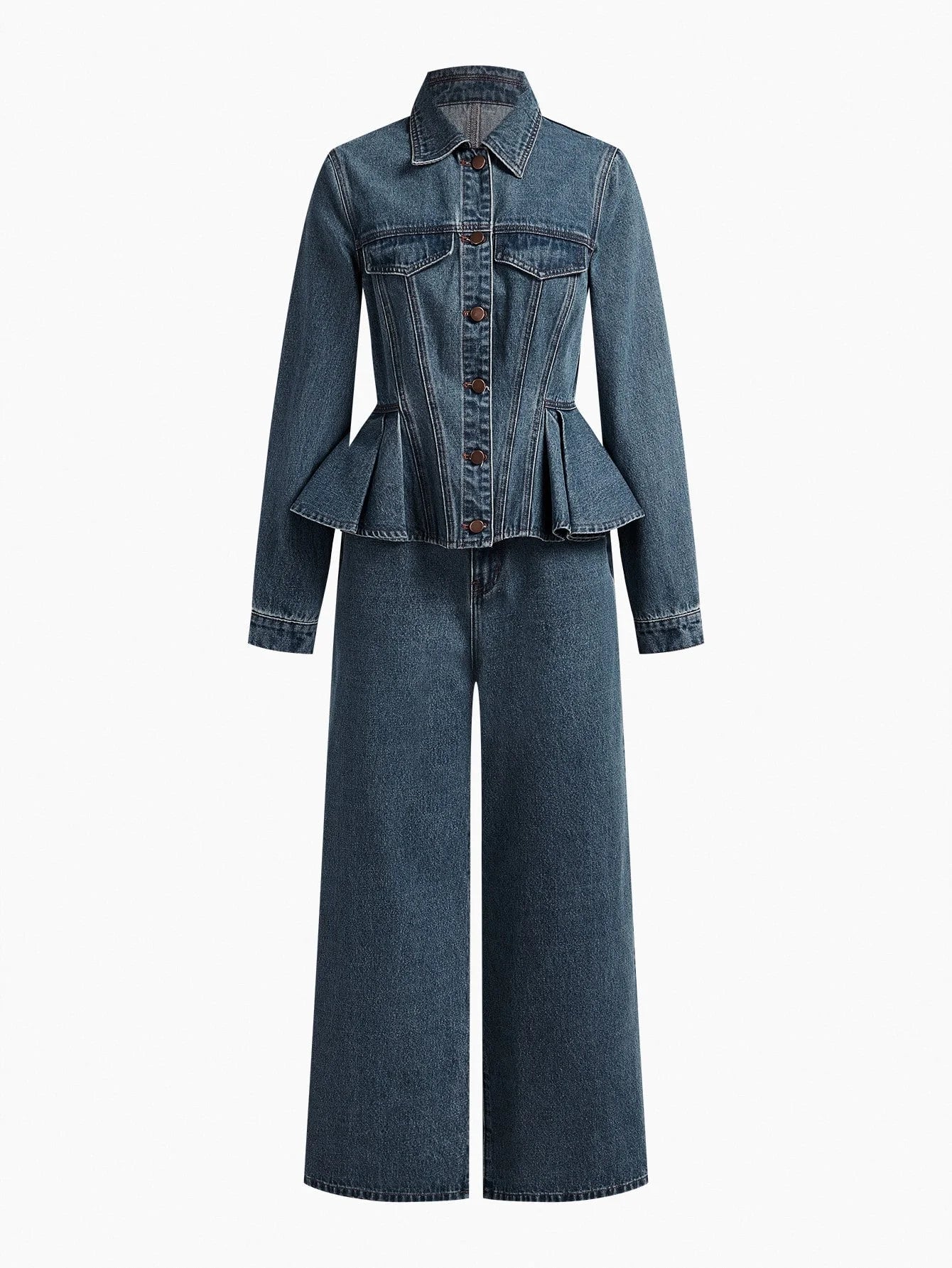 PREMIUM BUTTON UP PEPLUM TOP amp SLANT POCKET JEANS DENIM SET