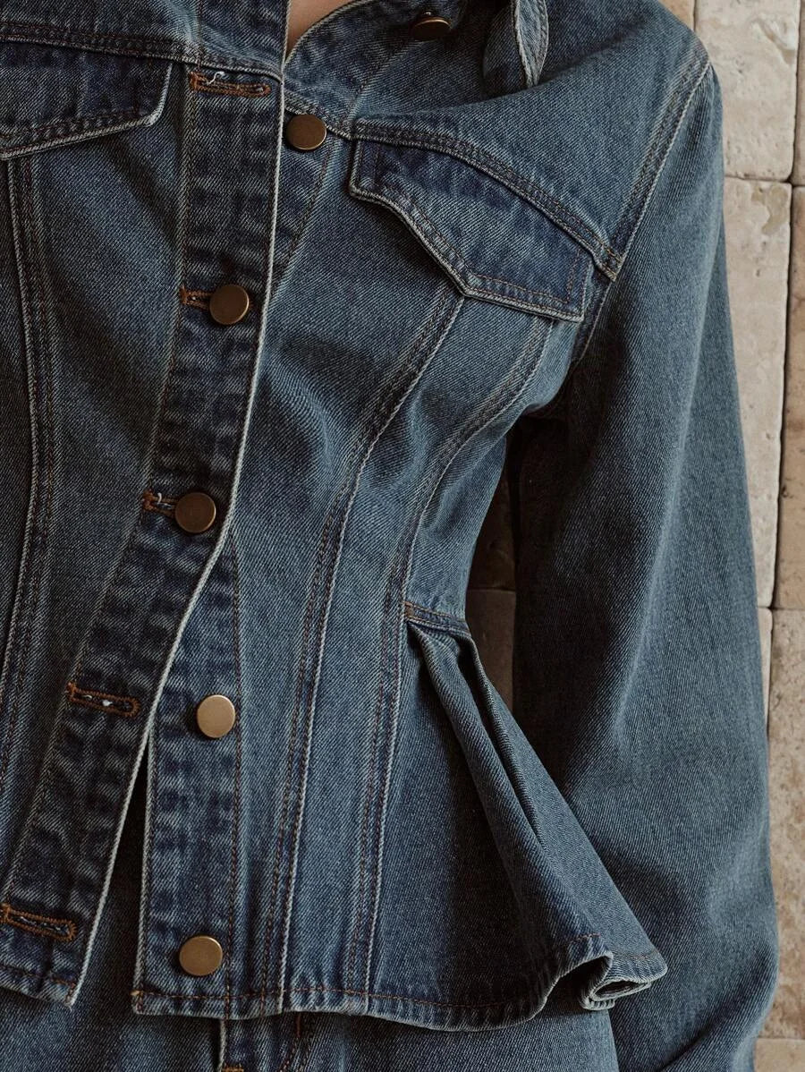 PREMIUM BUTTON UP PEPLUM TOP amp SLANT POCKET JEANS DENIM SET