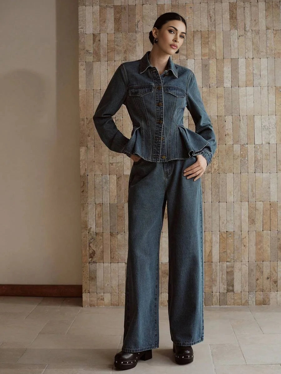 PREMIUM BUTTON UP PEPLUM TOP amp SLANT POCKET JEANS DENIM SET