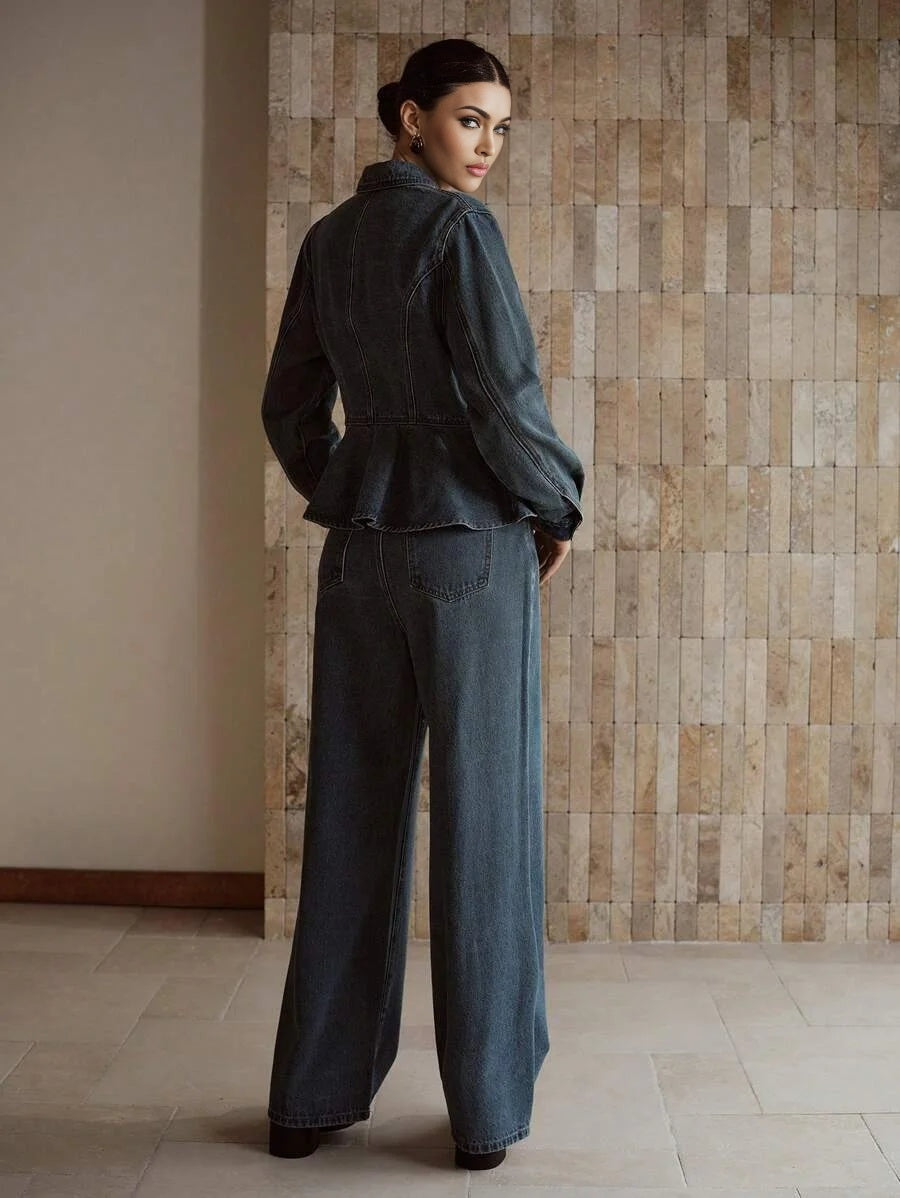 PREMIUM BUTTON UP PEPLUM TOP amp SLANT POCKET JEANS DENIM SET