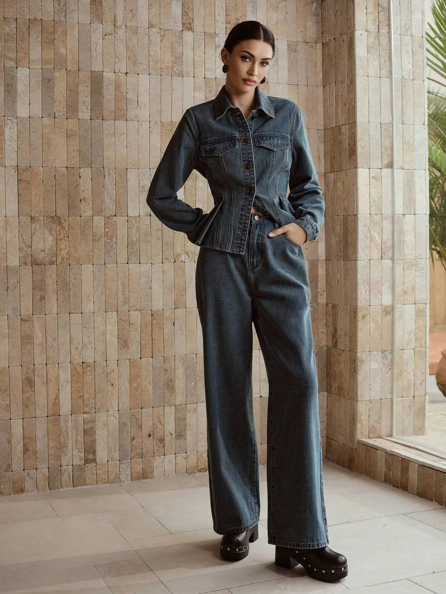 PREMIUM BUTTON UP PEPLUM TOP amp SLANT POCKET JEANS DENIM SET