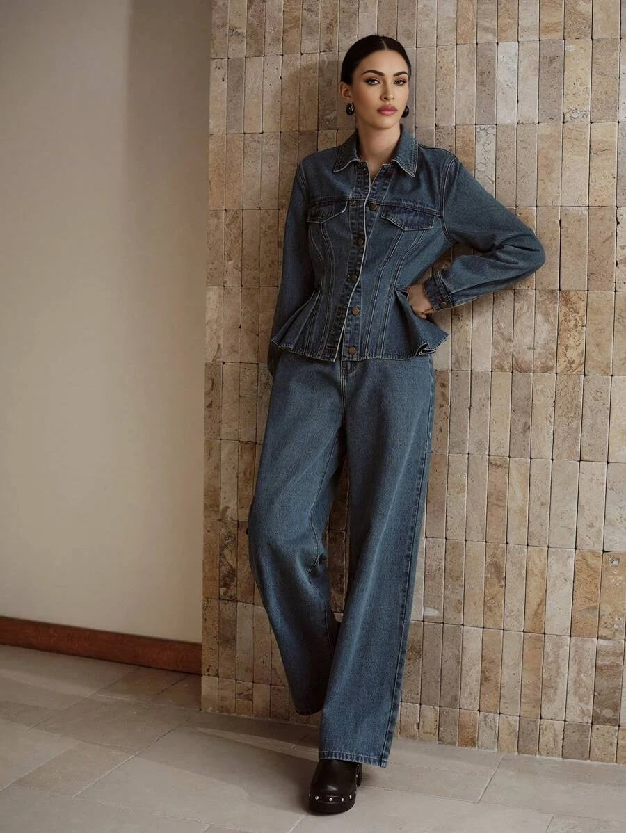 PREMIUM BUTTON UP PEPLUM TOP amp SLANT POCKET JEANS DENIM SET