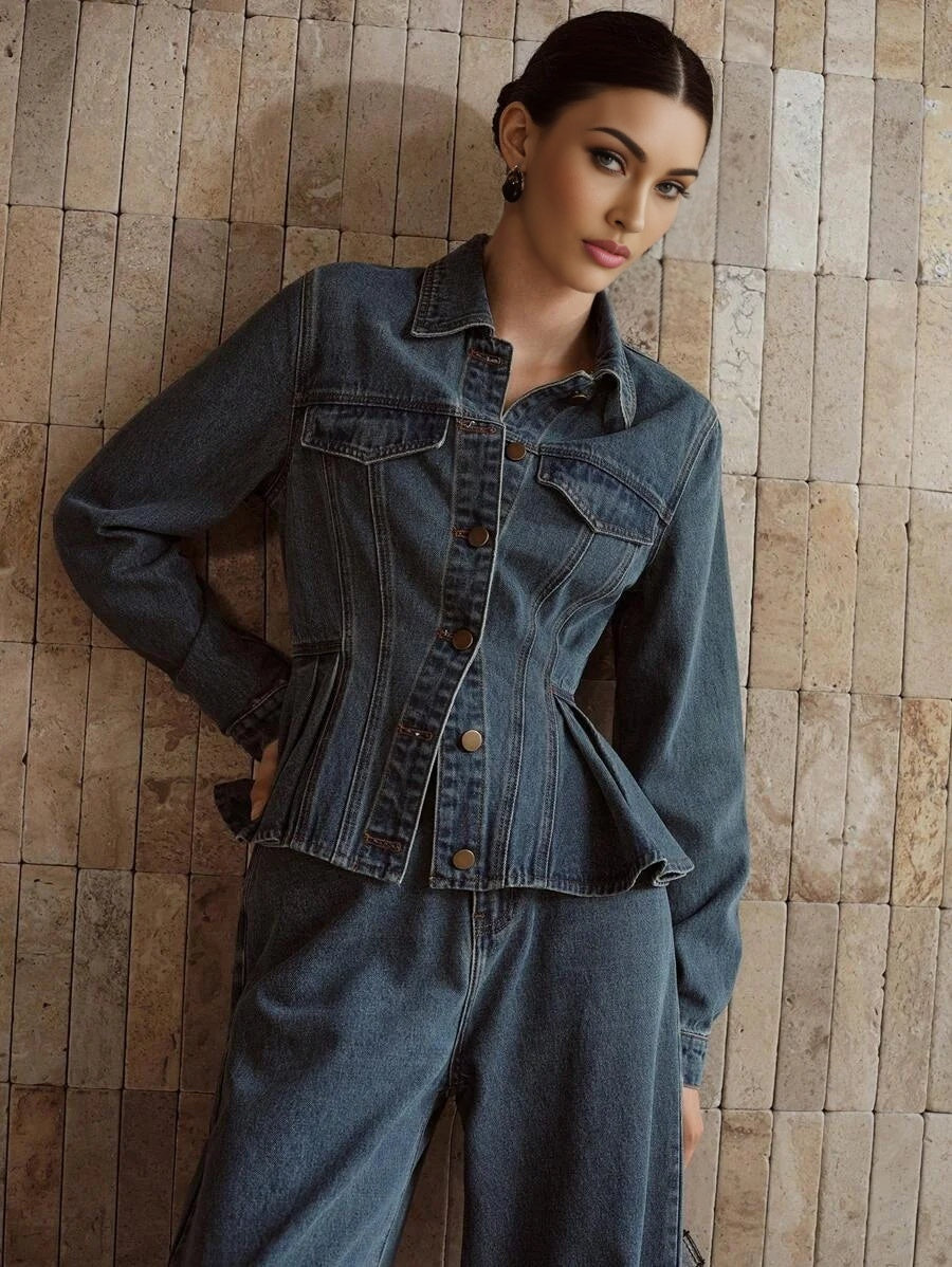 PREMIUM BUTTON UP PEPLUM TOP amp SLANT POCKET JEANS DENIM SET