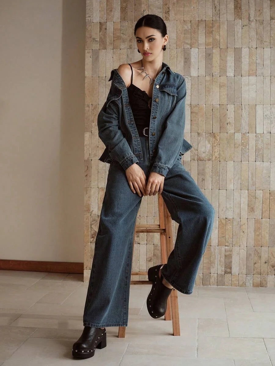 PREMIUM BUTTON UP PEPLUM TOP amp SLANT POCKET JEANS DENIM SET