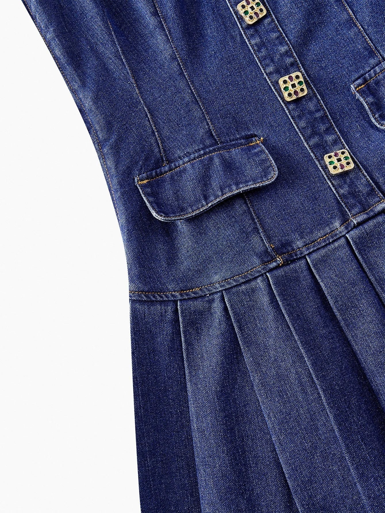 PREMIUM BUTTON UP PLEATED DENIM DRESS