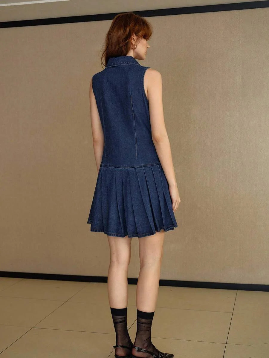 PREMIUM BUTTON UP PLEATED DENIM DRESS