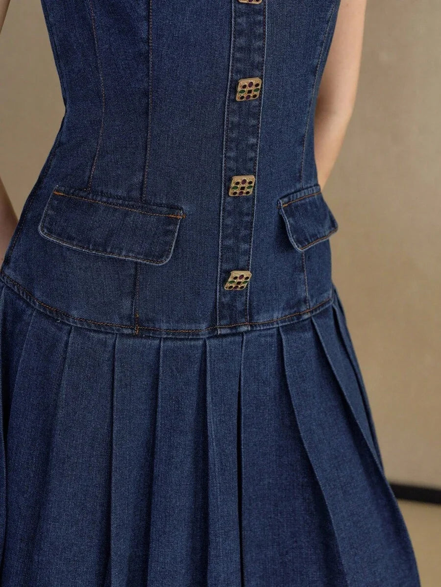 PREMIUM BUTTON UP PLEATED DENIM DRESS
