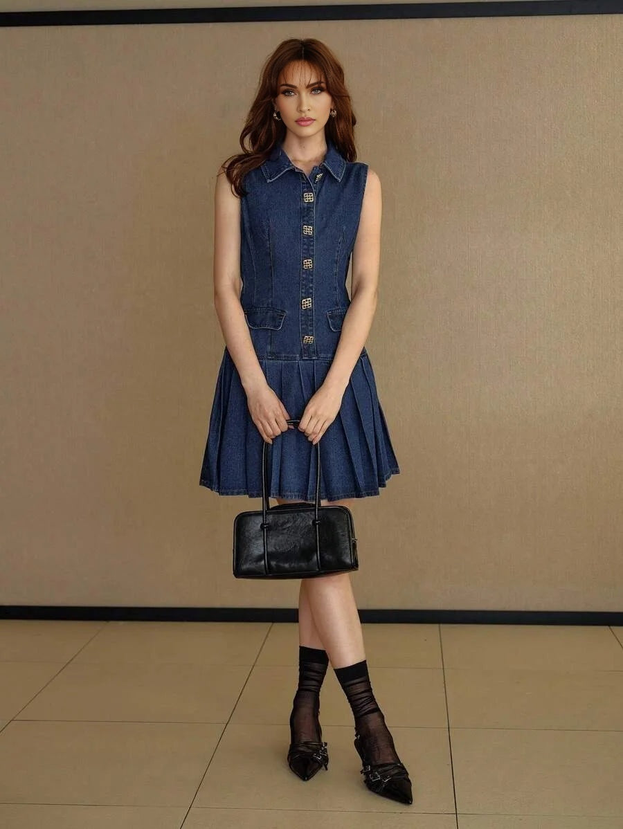 PREMIUM BUTTON UP PLEATED DENIM DRESS