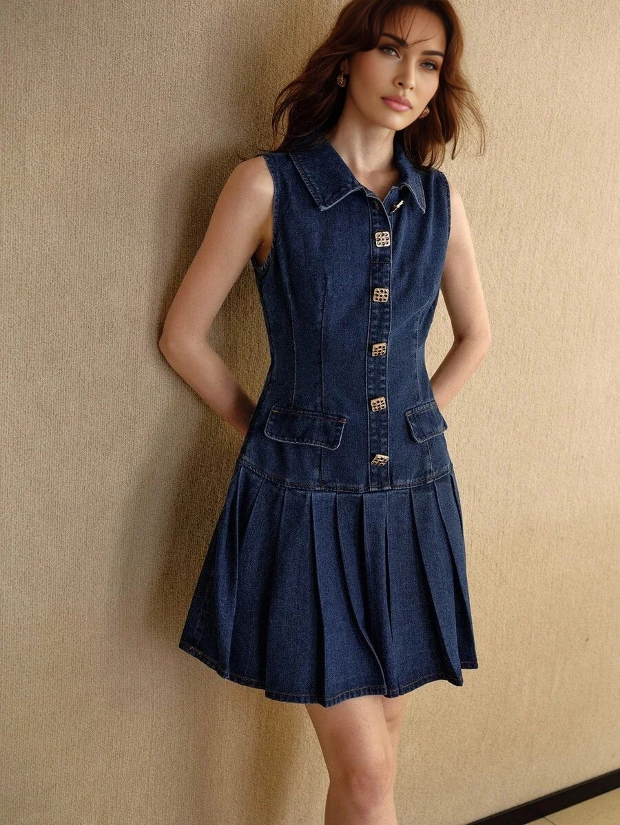 PREMIUM BUTTON UP PLEATED DENIM DRESS
