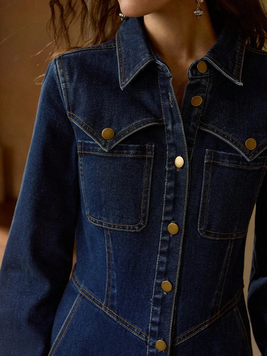PREMIUM BUTTON UP SLANT POCKET DENIM DRESS