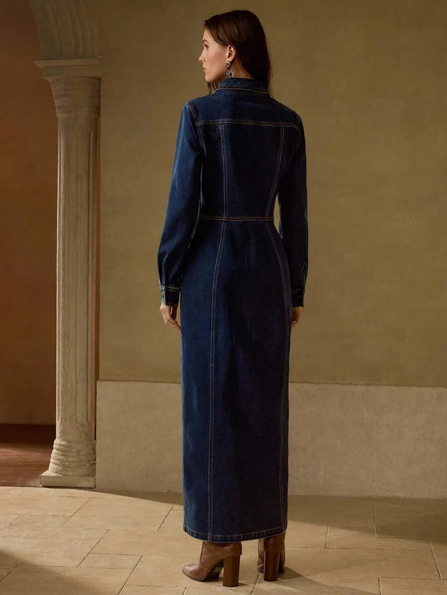 PREMIUM BUTTON UP SLANT POCKET DENIM DRESS
