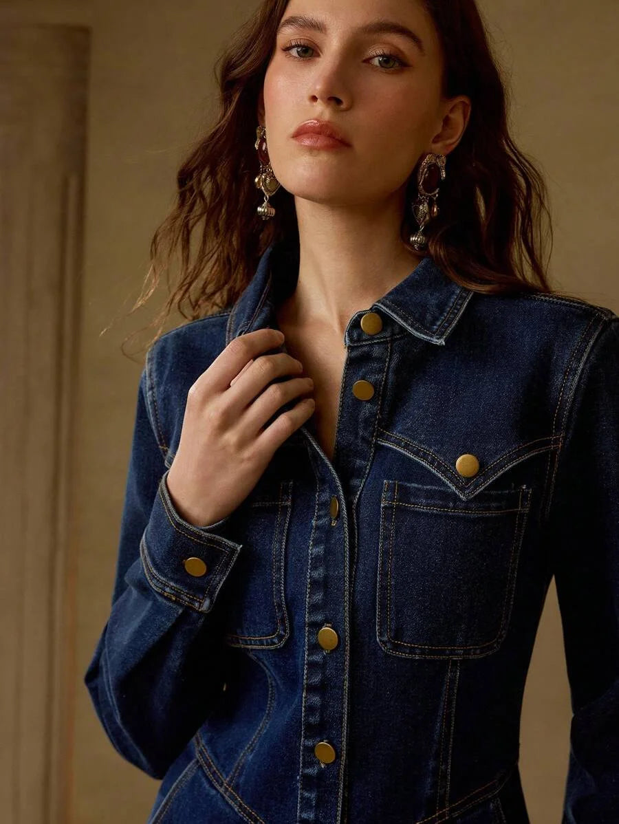 PREMIUM BUTTON UP SLANT POCKET DENIM DRESS