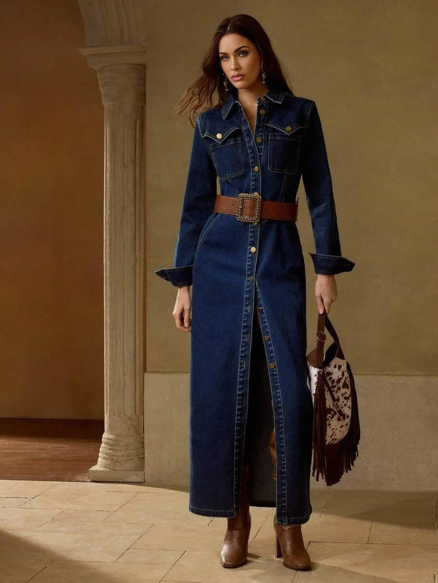 PREMIUM BUTTON UP SLANT POCKET DENIM DRESS