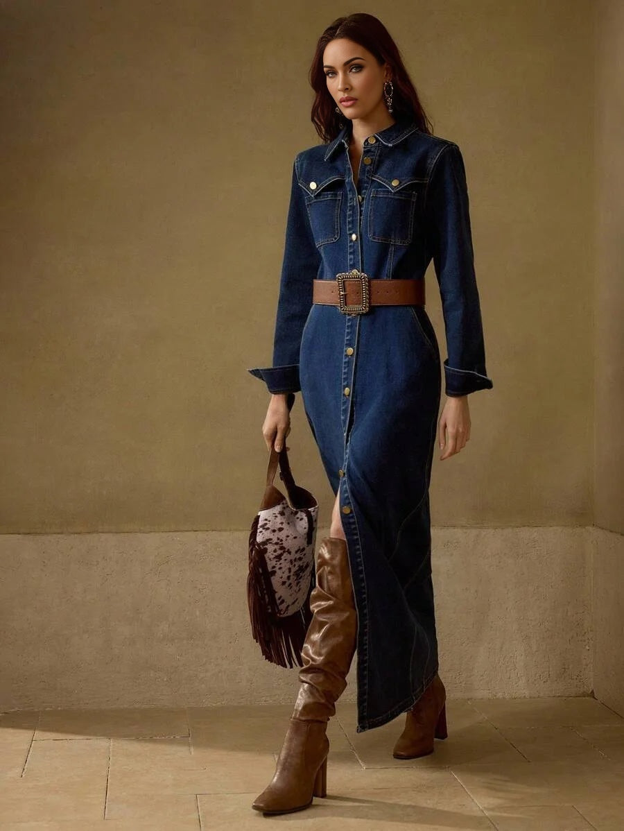 PREMIUM BUTTON UP SLANT POCKET DENIM DRESS