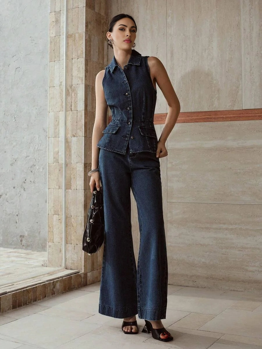 PREMIUM BUTTON UP SLEEVELESS DENIM BLOUSE amp FLARE LEG JEANS OUTFIT