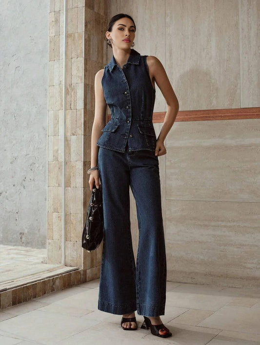 PREMIUM BUTTON UP SLEEVELESS DENIM BLOUSE amp FLARE LEG JEANS OUTFIT