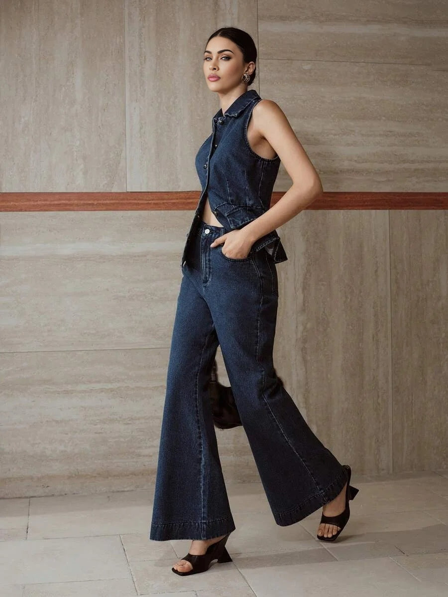 PREMIUM BUTTON UP SLEEVELESS DENIM BLOUSE amp FLARE LEG JEANS OUTFIT