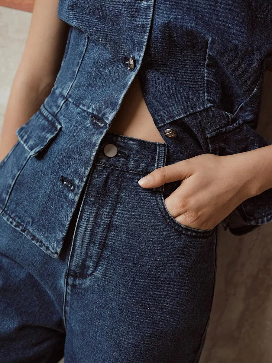 PREMIUM BUTTON UP SLEEVELESS DENIM BLOUSE amp FLARE LEG JEANS OUTFIT